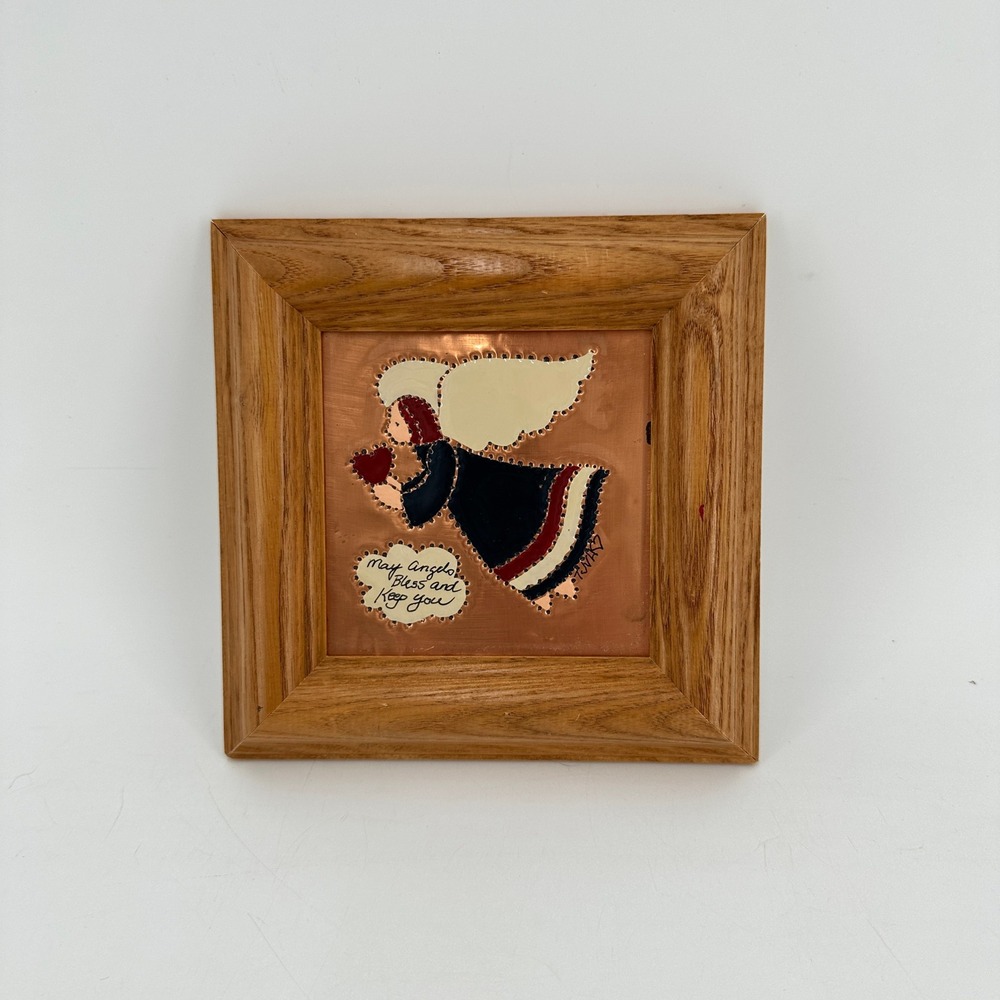 Unicorn Designs Hand Painted Copper Angel Folk Art Oak Framed Wall Decor